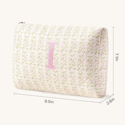 HBselect Initial Quilted Makeup Bag, Pink Cosmetic Travel Toiletry Bag, Flowers Coquette Zipper Make Up Pouch Organizer Teen Girl Gift Trendy Stuff I - color: 1Pc Medium Pinkflower, style: I