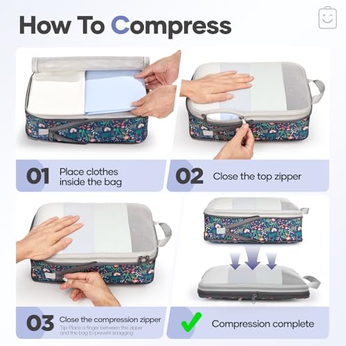 Veken 11-Pack Compression Packing Cubes for Travel Essentials,Compressible Expandable Large Luggage Suitcase Organizer Bags for Clothing,Durable Space Saver Bags with Toiletry Bags(Dark Blue Floral) - color: Dark Blue Floral, size: 11 set