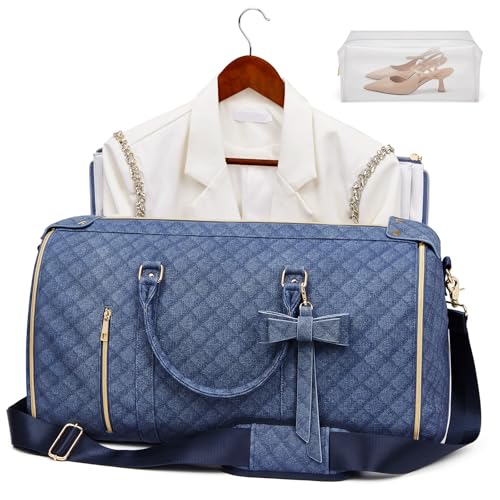 Garment Bags for Travel, Convertible Suit Travel Bag for Women, Stylish Carry On Garment Bag with Toiletry Pocket, Shoulder Strap & Shoes Compartment, 2 in 1 Foldable PU Leather Duffle Bag, Navy Blue - color: Navy Blue