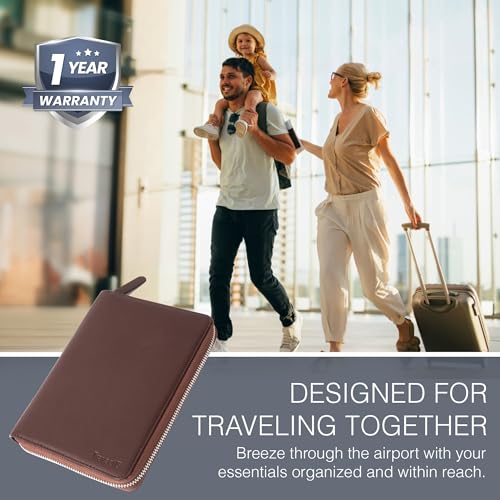 Full Grain Leather Family Passport Holder for 4 Passports - RFID Passport Holder and Travel Document Organizer - Large Leather Travel Wallet for Families - Brown - color: Dark Brown
