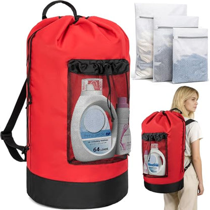 150L Laundry Bag Backpack with 3 Sizes Mesh Wash Bags and Shoulder Straps Foldable Clothes Hamper Bag with Drawstring Closure for College, Apartment, Laundromat(Red) - color: Bright Red
