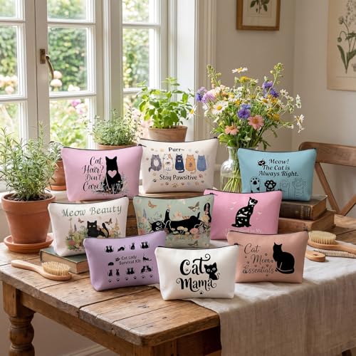 Sanwuta 9 Pcs Black Cat Makeup Bags Bulk Cute Cat Cosmetic Bags 8.7" x 6" Small Canvas Travel Pouches with Zipper Portable Toiletry Organizer Black Cats Lover Gifts for Women Mothers Teacher Nurse - style: Cat