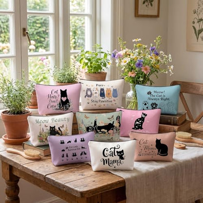 Sanwuta 9 Pcs Black Cat Makeup Bags Bulk Cute Cat Cosmetic Bags 8.7" x 6" Small Canvas Travel Pouches with Zipper Portable Toiletry Organizer Black Cats Lover Gifts for Women Mothers Teacher Nurse - style: Cat