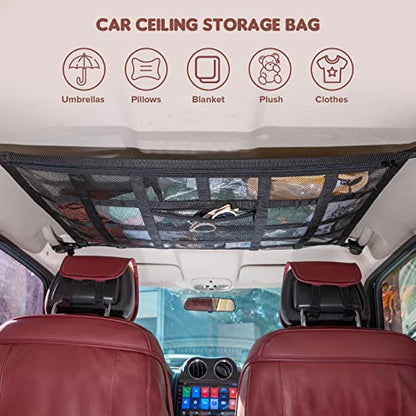 Upgrade Car Ceiling Cargo Net Pocket,31.5"x21.6" Double-Layer Roof Storage Organizer,Overhead Net for SUV & Van Camping,Travel Road Trips,Van Life Essentials,Fit 4 Handle Vehicles - size: 31.5 x 21.6 inches