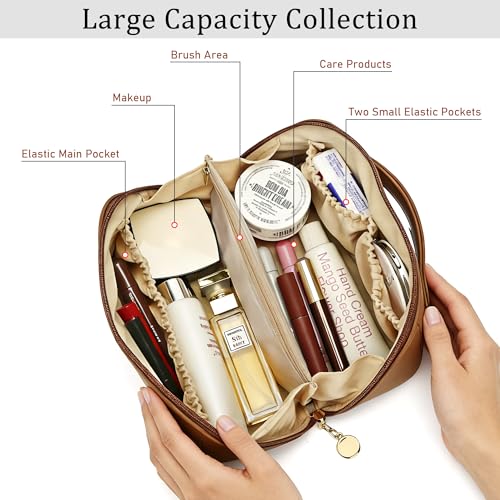 Initial Makeup Bag Gifts for Women Bridesmaid Gifts Travel Toiletry Personalized PU Leather Waterproof Cosmetic Bag (Medium-Brown-B) - color: MediumBrown, style: B