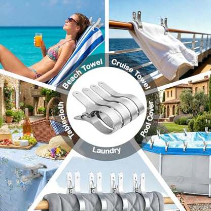 4 PCS Extra Large Beach Towel Clips,5.1 Inches Heavy Duty Aluminum Alloy + Stainless Steel Clip for Chairs,2.95 Inch Opening,Portable Windproof Cruise Ship Essentials,for Laundry,Camping and Travel - color: Silver