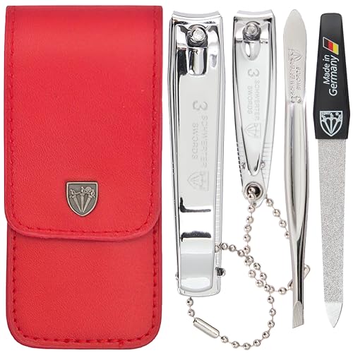 3 Swords Germany - Brand Quality 4 Piece Manicure Pedicure Grooming kit Set for Professional Finger & Toe Nail Care Tweezers File Clipper Fashion Leather case in Gift Box, Made by 3 Swords (02570) - color: Red
