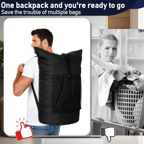 Laundry Bag Backpack Extra Large Travel Laundry Bags with Shoulder Straps Durable Polyster Clothes Hamper Bag for College Laundromat Apartment - color: Black, size: Extra Large