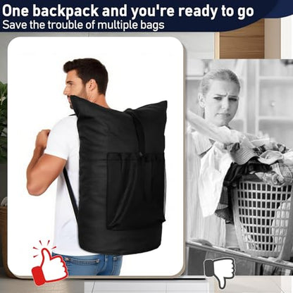 Laundry Bag Backpack Extra Large Travel Laundry Bags with Shoulder Straps Durable Polyster Clothes Hamper Bag for College Laundromat Apartment - color: Black, size: Extra Large