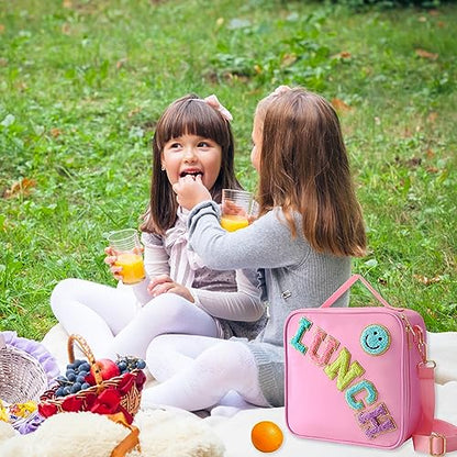 Insulated Lunch Bag With Adjustable Shoulder Strap, Nylon Preppy Lunch Box Large Insulated Lunch Bag Reusable Lunch Tote Bag with Smiley Preppy LunchBag for Girls School Travel Picnic (Pink) - color: Pink