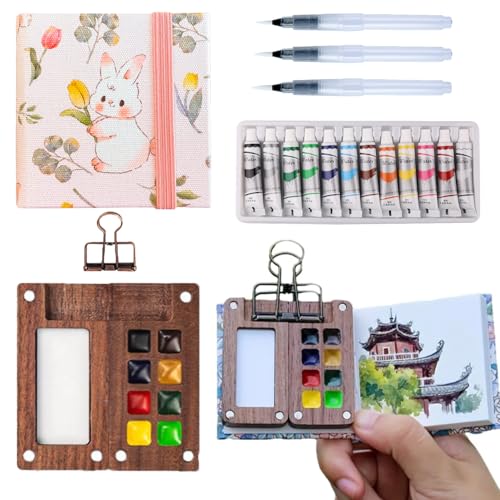 Aimery Mini Watercolor Paint Travel Set, Portable Pocket Size Water Color Painting Kit with Wooden Palette, Refillable Brush & Sketchbook(Pink Bunny) – Gift for Birthdays, Beginners, Art Lovers - style: Pink Bunny