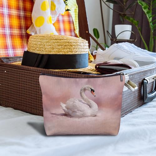 Pink White Swan Makeup Bag, Swan Animal Lovers Gifts Cosmetic Bags for Women, Pink Preppy Elegant Animal Makeup Zipper Pouch - color: Pink White Swan