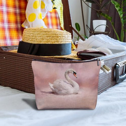 Pink White Swan Makeup Bag, Swan Animal Lovers Gifts Cosmetic Bags for Women, Pink Preppy Elegant Animal Makeup Zipper Pouch - color: Pink White Swan