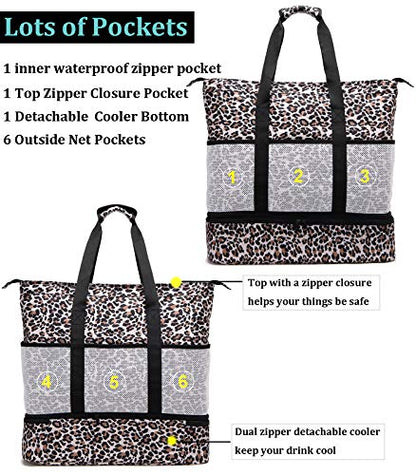 JIANYA Beach Bag Women Waterproof Sandproof Beach Tote Bags with Cooler Top Zipper Large Totes for Pool Travel Daily - color: *Leopard-3