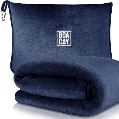 BOACAY Soft & Warm Travel Blanket for Airplane & Car - Long Flight Essential for Women, Men, Kids - Compact Pillow with Luggage Sleeve & Backpack Clip - color: Navy Blue