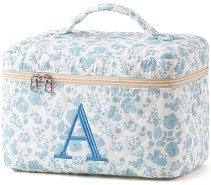 HBselect Initial Quilted Makeup Bag, Cotton Large Travel Make up Bag, Cute Floral Coquette Cosmetic Bag Toiletry Bag for Women Girls A - color: 1Pc Large Blueflower, style: A