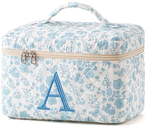 HBselect Initial Quilted Makeup Bag, Cotton Large Travel Make up Bag, Cute Floral Coquette Cosmetic Bag Toiletry Bag for Women Girls A - color: 1Pc Large Blueflower, style: A