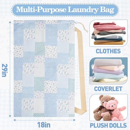 Laundry Bag, Dirty Backpack Laundry Bag For College Travel Laundromat Apartment, With Handles 29" X 18" (Blue Floral Plaid) - color: Blue Floral Plaid
