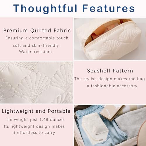 RSRSLEII Small Quilted Cotton Coquette Makeup bag, White Coastal Granddaughter Aesthetic Cosmetic Bag, Cute Seashell Portable Travel Toiletry Pouch (07Small White) - color: 07Small White