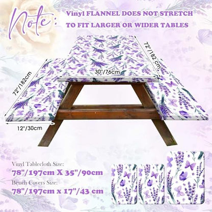 Boao 3 Pcs Vinyl Picnic Table Cover with Bench Cover 6 ft 30 x 72 Inch Waterproof Fitted Tablecloth Flannel Backing Rectangular Elastic Edged for Camping Outdoor Patio Travel(Lavender) - color: Lavender