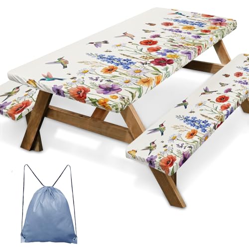 Picnic Table Cover with Bench Covers Elastic Edges, Floral Camper Fitted Table Cover, Outdoor Camping Essentials 72 Inch 3PCS, Waterproof Camping Fitted Tablecloth with Drawstring Bag - color: Floral, size: 72in