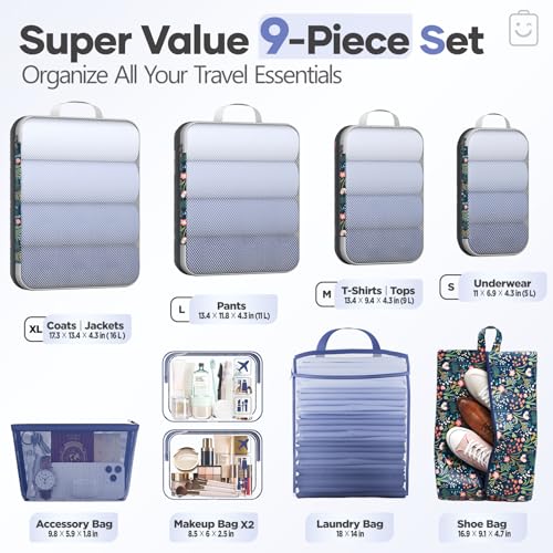 Veken 9/11 Set Compression Packing Cubes for Travel Essentials,Compressible Expandable Large Luggage Suitcase Organizer Bags for Clothing,Durable Space Saver Storage Bags(Dark Blue Floral) - color: Dark Blue Floral, size: 9 set