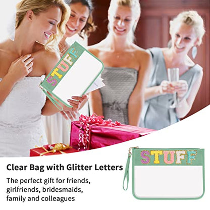 Iqimott Chenille Letter Clear Bag Stuff Pouch, Monogram PVC & PU Makeup Cosmetic Bag Zipper Toiletry Pouch, Waterproof Portable Travel Beach Snack Wristlet Bags for Women Girls(Stuff, Green) - color: Stuff-Green