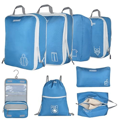 8 Set Expandable Compression Packing Cubes for Suitcases Travel Essentials Carry On Waterproof Storage Bag With Dry And Wet Separation Blue - color: Blue