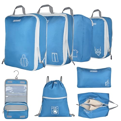 8 Set Expandable Compression Packing Cubes for Suitcases Travel Essentials Carry On Waterproof Storage Bag With Dry And Wet Separation Blue - color: Blue