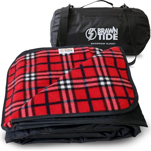 BRAWNTIDE Large Waterproof Outdoor Blanket, Extra Thick Fleece, Warm, Windproof & Sandproof, Quilted Stadium Blanket for Sports Events, Beach, Camping, Picnics, Dogs & Car, 82" x 55 - color: Plaid Red