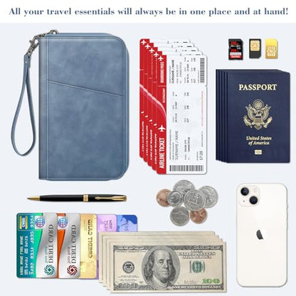 Fintie Family Passport Holder Wallet, RFID Blocking Travel Document Organizer Clutch Bag Credit Cards Case Cover for Women Men - color: Haze Blue