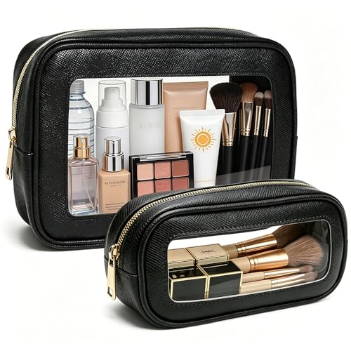2Pcs Clear Makeup Bags Set - Portable Clear Cosmetic Bag Case Travel Makeup Brush Bag Waterproof Makeup Pouch TSA Approved Toiletry Bag Car Organizer Bag for Women (Black Set) - color: Black Set