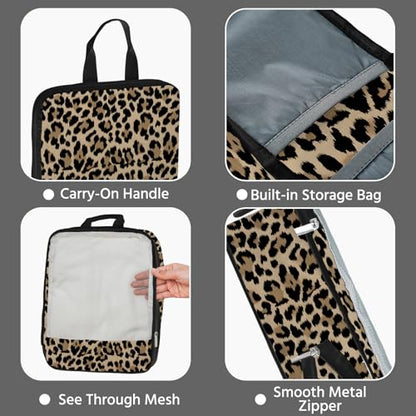 7 Pcs Compression Packing Cubes for Travel, Waterproof Suitcase Luggage Backpack Organizer with Toiletry Bag Travel Essentials for Women/Men-Leopard - color: Brown-Leopard