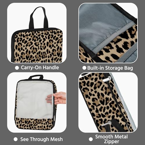 7 Pcs Compression Packing Cubes for Travel, Waterproof Suitcase Luggage Backpack Organizer with Toiletry Bag Travel Essentials for Women/Men-Leopard - color: Brown-Leopard