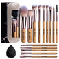 BS-MALL 14 Pcs Makeup Brushes Set with 1 Pcs Makeup Sponge – Essential Foundation Powder Concealers, Eye Shadows, Blush Makeup Brushes with Travel Makeup Case (Bamboo) - color: Bamboo