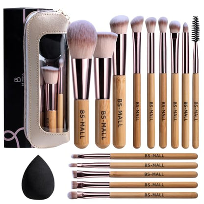 BS-MALL 14 Pcs Makeup Brushes Set with 1 Pcs Makeup Sponge – Essential Foundation Powder Concealers, Eye Shadows, Blush Makeup Brushes with Travel Makeup Case (Bamboo) - color: Bamboo