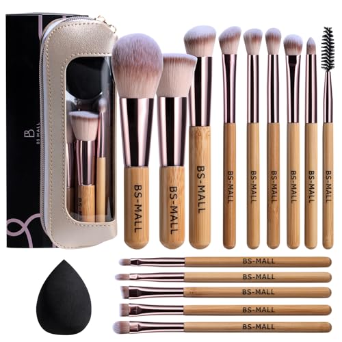 BS-MALL 14 Pcs Makeup Brushes Set with 1 Pcs Makeup Sponge – Essential Foundation Powder Concealers, Eye Shadows, Blush Makeup Brushes with Travel Makeup Case (Bamboo) - color: Bamboo