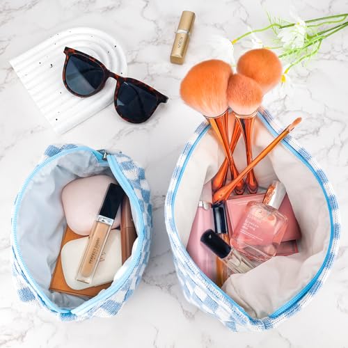 ZLFSRQ 2Pcs Checkered Makeup Bag for Women Large Small Checkered Cosmetic Bag Set Aesthetic Preppy Pencil Case Cute Pencil Pouch Blue Makeup Pouch for Purse Travel Toiletry Bags Zipper Skincare Bags - color: B-Checkered 2Pcs Mix Blue
