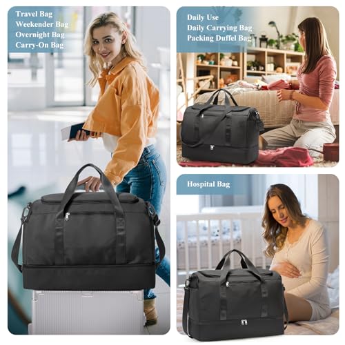 Travel Duffel Bag, Carry-on Overnight Weekender Bags with Shoes Compartment | For Spirit Airlines 18x14x8 Personal Item Bag,Wet Pocket,3 Pcs Set,Small - color: Black 3Pcs Set, size: Small