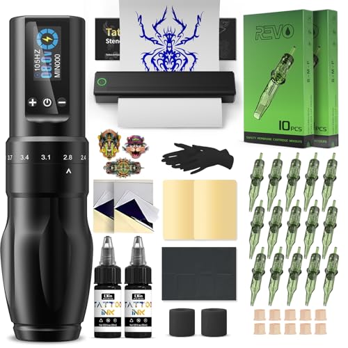 INKin Tattoo Kit for Beginners Complete Set with Tattoo Stencil Printer, Tattoo Gun with 7 Stroke 2.0-4.0mm and 1600mAh Power for Long Time Work of 8 Hours, Full Kit with Tattoo Needles and Tattoo Ink - size: Large Grip