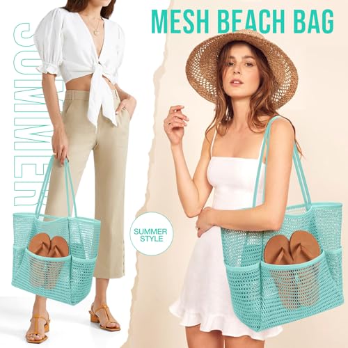 KPX Beach Bag with Mini Pocket, Summer Beach Tote Bags for Women Large Foldable Mesh Swimming Pool Travel Bags - Sandproof - color: Blue