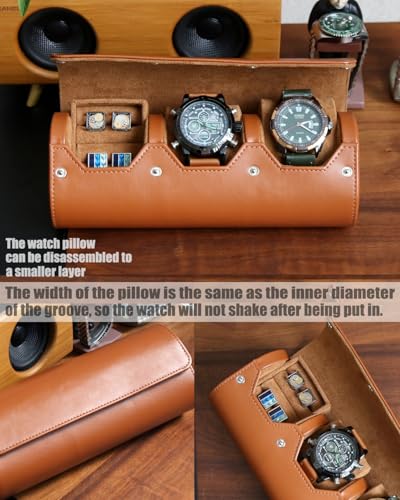 Watch and Cufflink Box Organizer Case for Men, Cufflink Watch Case Travel Roll, Portable 2 Slot Watch and Cufflink Display Storage with Velvet to Holder Large Watch, Cufflink Ring Travel Case - color: Light Brown 2 Slot Watch and 1 Slot Cufflink box