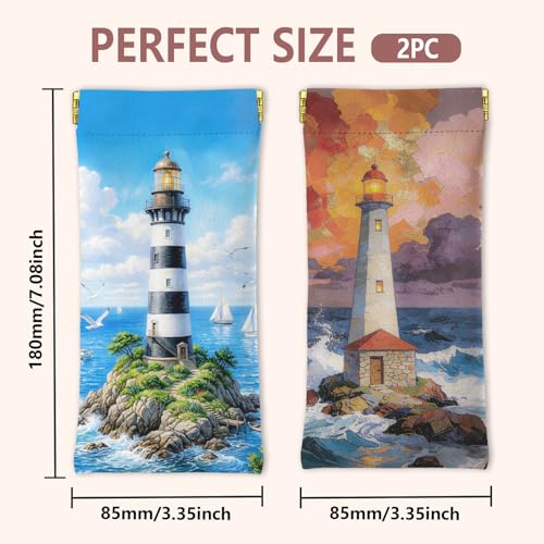 GLOBLELAND 2 Pcs Summer Soft PU Leather Glasses Bag for Sunglasses Watches Phones Makeup Brushes - color: Lighthouse