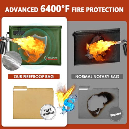 ROLOWAY Fireproof Document Bag (14.5 x 11.5 inch), 6400℉ Fireproof Money Bag with Zipper for Cash, Fire Safe Money Pouch with Lock (Green) - color: Green