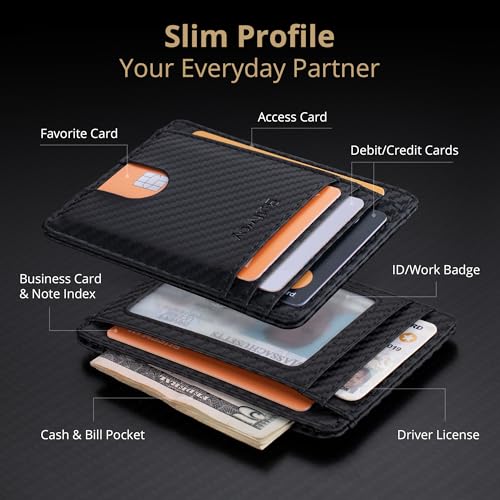 Buffway Slim Minimalist Front Pocket RFID Blocking Leather Wallets for Men and Women - Carbon Fiber Black - color: Carbon Fiber Black