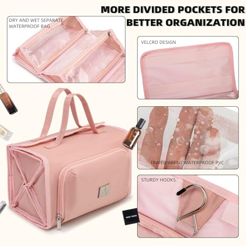 ROYALFAIR Roll Up Makeup Bag, Waterproof Toiletry Bag for Women, Hanging Travel Organizer bags with Jewelry Organizer Compartment, Extra Large 4 Clear TSA Approved Pouches Cosmetic Makeup (light red) - color: light red