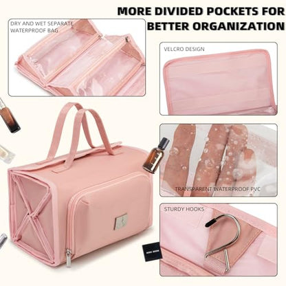 ROYALFAIR Roll Up Makeup Bag, Waterproof Toiletry Bag for Women, Hanging Travel Organizer bags with Jewelry Organizer Compartment, Extra Large 4 Clear TSA Approved Pouches Cosmetic Makeup (light red) - color: light red