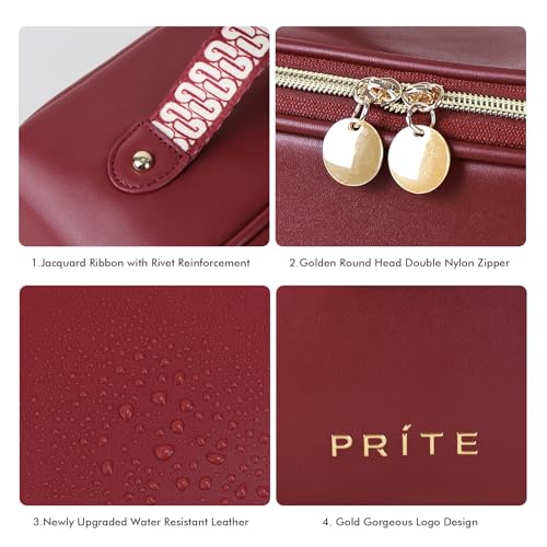 Prite Makeup Bag for Women Travel Waterproof Vegan Leather Cosmetic Bag Open Flat Toiletry Bag With Clear Divider and Handle (Dark Red, Medium) - color: Dark Red, size: Medium