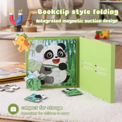 Magnetic Puzzles for Kids 3-5 Years, 3 in 1 Montessori Learning Toys with 9/16/25 PCS, Travel Activity for Toddlers Age 3-5, Preschool Puzzle Game with Animal Designs (Panda, Giraffe, Dinosaur) - color: Green