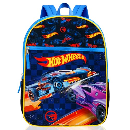 Hot Wheels Backpack with Lunchbox for Boys Set - Bundle with 16" Racecar Backpack, Lunch Box, Water Bottle, Tattoos, More | Hot Wheels School Bag for Kids